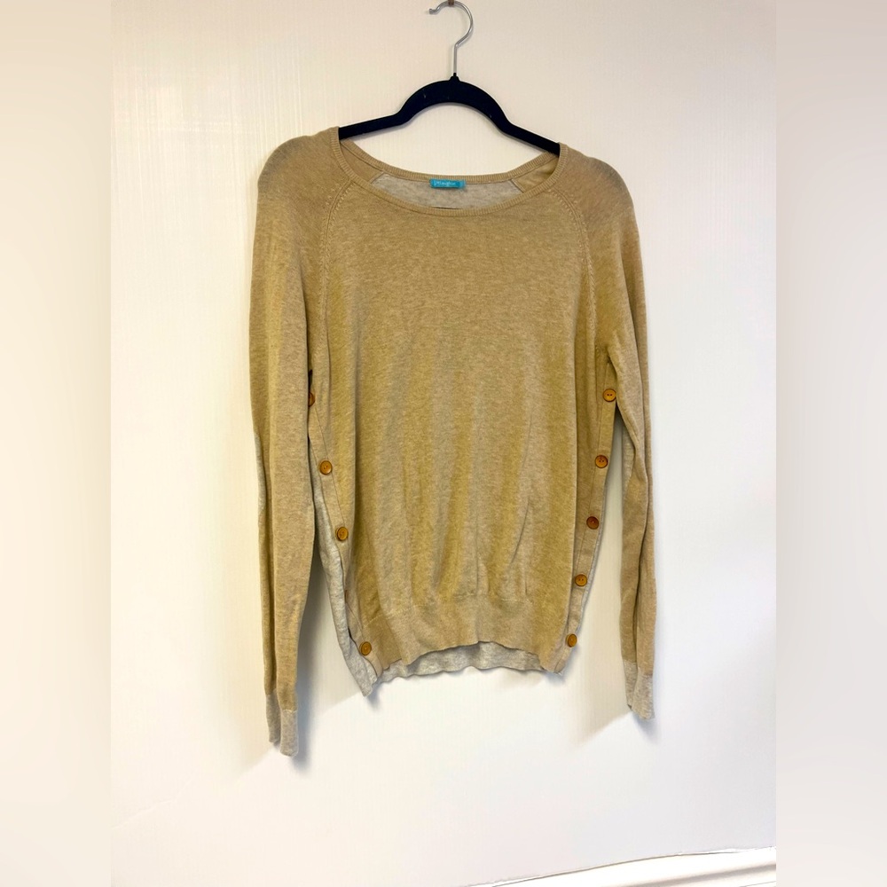 J. McLaughlin Sweater Oatmeal Tan Color Block Elbow Patches Button Sides Size S